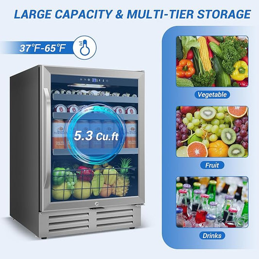 24" Beverage Refrigerator Undercounter | 180 Can Capacity | Built-In Undercounter Cooler | Glass Door for Soda, Water, Beer | Home, Bar, or Office Use