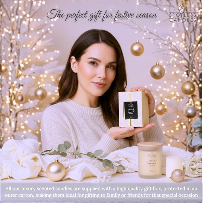 Vanilla Candle - 9.7 oz /275g Vanilla Scented Candle in Cream Frosted Glass Jar with Wooden Lid and Wooden Crackling Wick in a Luxurious Gift Box - Creamy, Smooth and Soothing