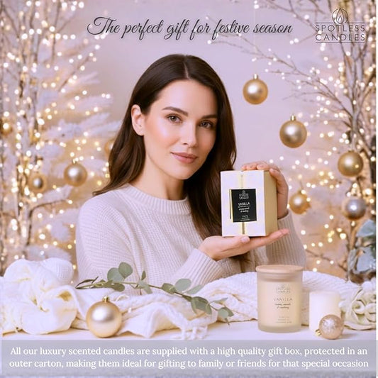 Vanilla Candle - 9.7 oz /275g Vanilla Scented Candle in Cream Frosted Glass Jar with Wooden Lid and Wooden Crackling Wick in a Luxurious Gift Box - Creamy, Smooth and Soothing