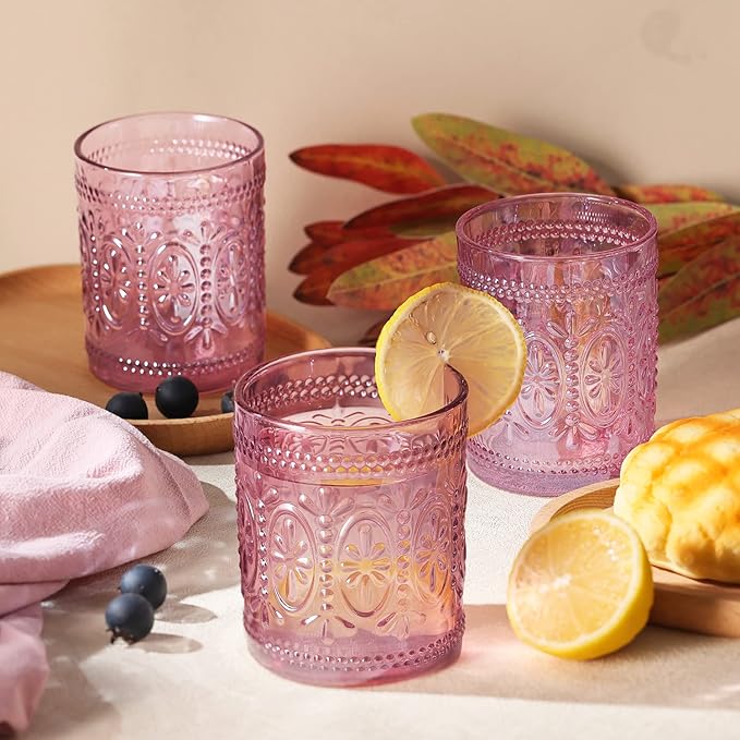 Darlion 6 Pack Pink Vintage Glassware Set, 10oz Romantic Drinking Glasses, Colored Water Glasses, Pink Embossed Glass Cups for Juice, Cocktails, Beer, Iced Tea, Soda