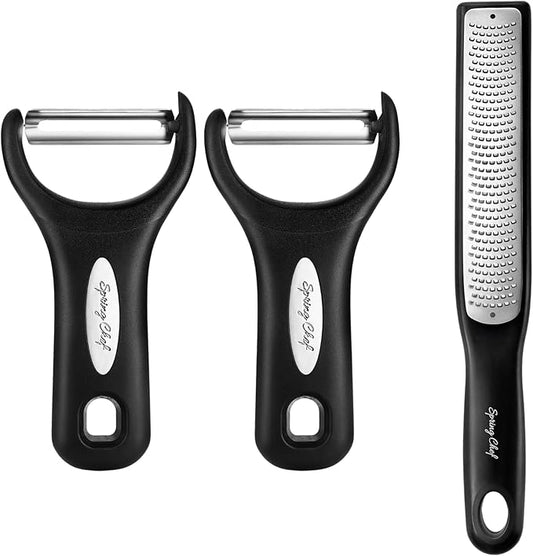 Spring Chef Swivel Vegetable Y Peeler with Sharp Stainless Steel Blades, Set of 2 & Premium Lemon Zester (Fine Grater) with Handle - 3 Product Bundle - Black
