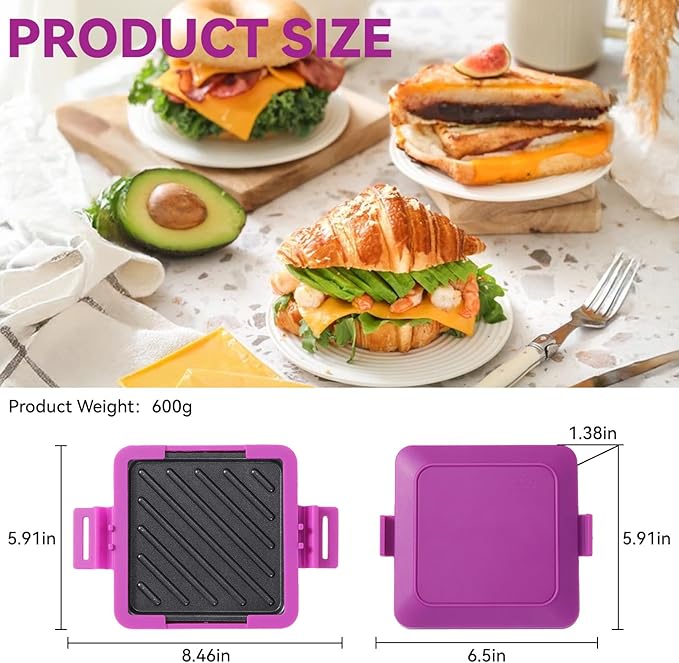 Microwave Toastie Sandwich Maker, Nonstick Plate Panini Maker, Versatile Wireless Small Toaster, Toastie Safe in Microwave Oven, Dishwasher Safe, Fast Cooking for Breakfast, Snacks, Purple