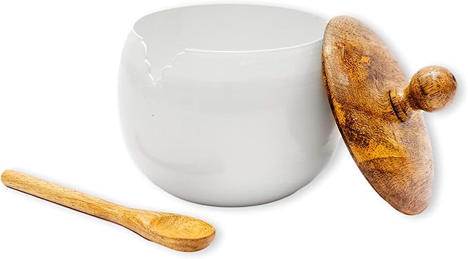 GoCraft Sugar Bowl with Wooden Lid and Spoon – Drum Shape, Shiny White Finish, Elegant Sugar Container for Coffee, Tea, Dining, Kitchen, Home Use, Stylish Sugar Dispenser for Table, Easy to Use