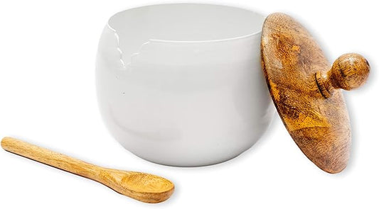 GoCraft Sugar Bowl with Wooden Lid and Spoon – Drum Shape, Shiny White Finish, Elegant Sugar Container for Coffee, Tea, Dining, Kitchen, Home Use, Stylish Sugar Dispenser for Table, Easy to Use