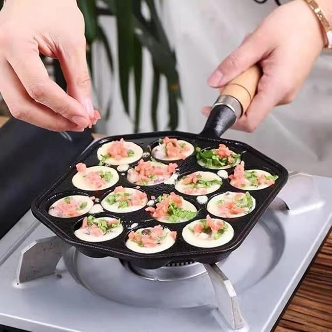Topyond Cast Iron Aebleskiver Pan, 14 Holes Takoyaki Nonstick Cast Iron Ebelskiver Pan, Mochi Maker Grill Pancake Pan with Detachable Handle