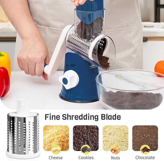 Rotary Cheese Grater Hand Crank, 3 Blades Slicer Shredder, Cheese Grater for Kitchen, Multi-Functional Kitchen Tool for Vegetables, Nuts, Chocolate, with Strong Suction Base, Dark Blue
