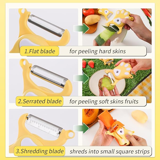 3-in-1 Fruit Vegetable Peeler for Kitchen, Foldable Julienne Slicer, 3 Sharp Stainless Steel Blades, Cute Cat Claw Potato Peelers, Easy Peeling & Shredding Tool for Carrot, Cucumber, Apple & Veggies