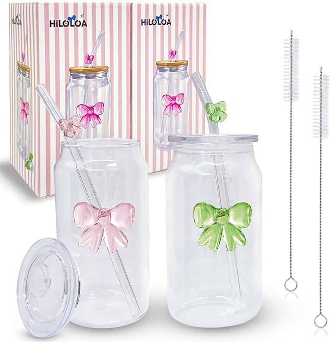 2Pcs Cute Glass Cup Set | Pink Bow Matcha Cups| Aesthetic Iced Coffee Cup with Lid Straw Brush| 16OZ Preppy Girly Drinking Mug for Best Friend First Mom Coworkers Bestie Boss Girlfriend Daughter Gifts
