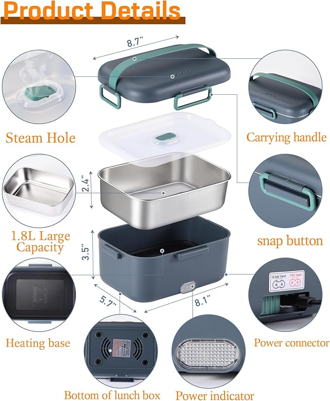 Extal-Large Electric Lunch Box Food Heater - 80W Fast Heating, 1.8L Heated Lunch Box Leak-Proof 304 Stainless Steel Portable Food Warmer, 3-in-1 (12V/24V Car/Truck & 110V Home), Ideal for Work/Travel