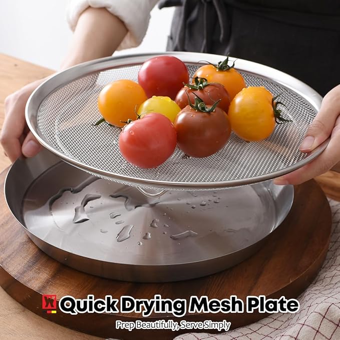 Stainless Steel Mesh Tray Set with Drip Pan, Air Fryer Basket and Tray, Kitchen Colander, Vegetable and Fruit Strainer, Food Filter, BBQ Prep Tool, Fruit Serving Dishes (9.84 inch)