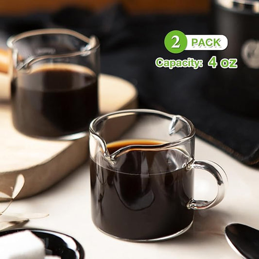 Espresso Cups Set of 2, 4 OZ Double Spouts Cups, Shot Glasses, Milk Cup with Handle, Clear Glass, Espresso Accessories for Machine, Small