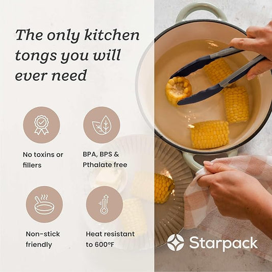 StarPack Premium Silicone Kitchen Tongs 9-Inch - Stainless Steel with Non-Stick Silicone Tips, High Heat Resistant to 600°F, For Cooking, Serving, Grill, BBQ & Salad (Stormy Grey)