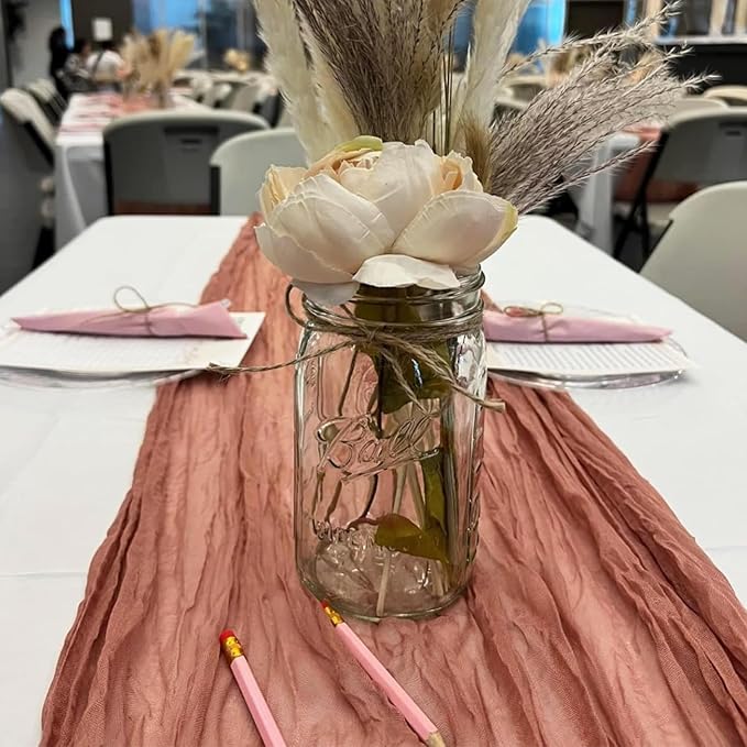 10 Pack Dusty Blush Cheesecloth Table Runner 10FT Boho Gauze Fabric Table Runner Vintage Rustic Sheer Runners for Wedding Party Bridal Baby Shower Long Table Decorations