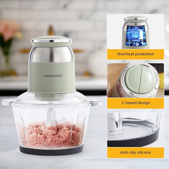 COOKZHOM Green Food Processor,500W Electric Meat Grinder with 8 Cup Glass Bowl and 4 Sharp Blades, Food Chopper & Vegetable Chopper for home use,Meat Processor, Vegetables, Fruits and Nuts