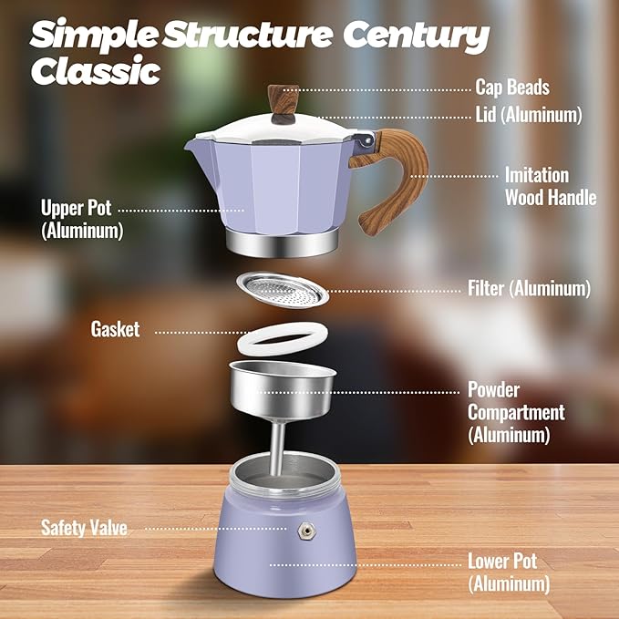 Vaolvpant 6 Cup Aluminum Moka Pot Classic Stovetop Espresso Coffee Maker 300ml 10oz Coffeemaker Percolator Mocha Pot Greca Coffee Maker Cafe Makers for Italian and Cuban Café Brewing Purple