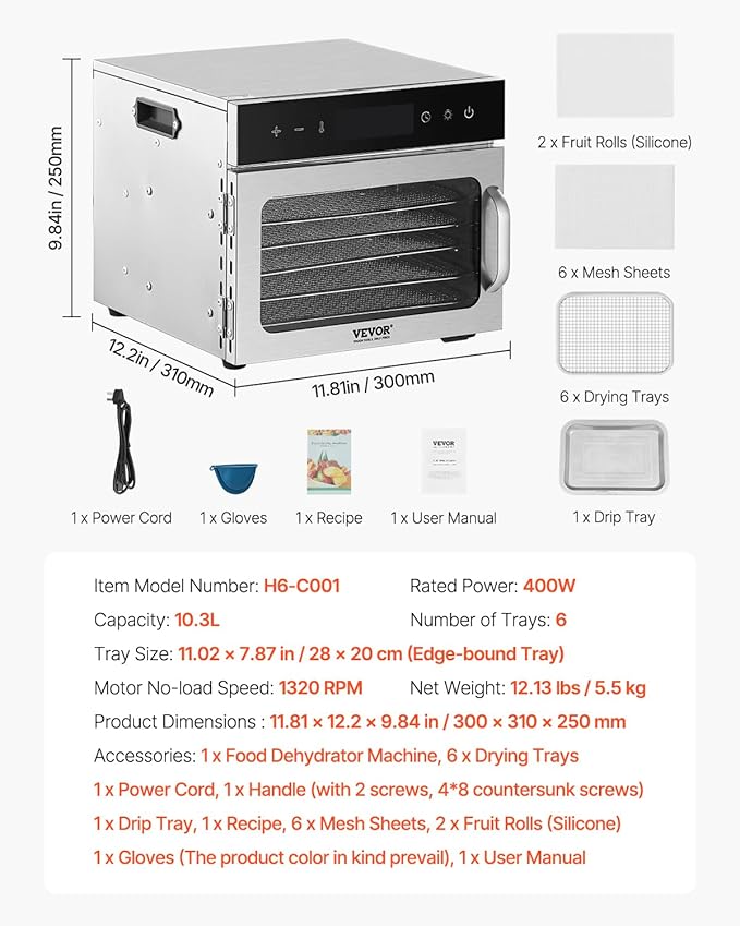 VEVOR Food Dehydrator Machine, 6 Stainless Steel Trays, 400W Electric Food Dryer with Adjustable Temperature & 24-Hour Timer, Food Dryer for Jerky, Meat, Fruit, Vegetables, Herbs, Dog Treats