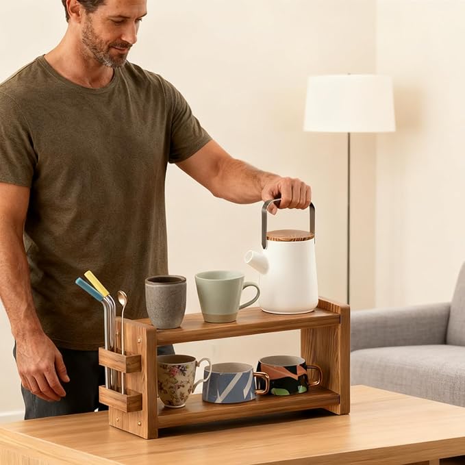 Coffee and Matcha Station Organizer for Home Kitchen Office Countertop - 2 Tier Solid Wooden Shelf Organizer with Straw Holder for Matcha, Pods, Sugar, Tea, Cups, Stirrers, Mugs Storage