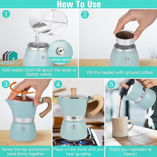 MORDEN MS Moka Pot, Stovetop Espresso Maker 6 Cup/10 OZ Italian Coffee Maker Camping Coffee Pot Manual Cuban Coffee Percolator for Cappuccino or Latte - Blue