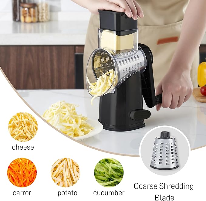 Rotary Cheese Grater with 4 Blades, Large Hand Crank Cheese Grater with Waffle Slicer, Black and White Cheese Slicer with Suction Base, Easier for Shredding& Grating (black, 4 Graters)