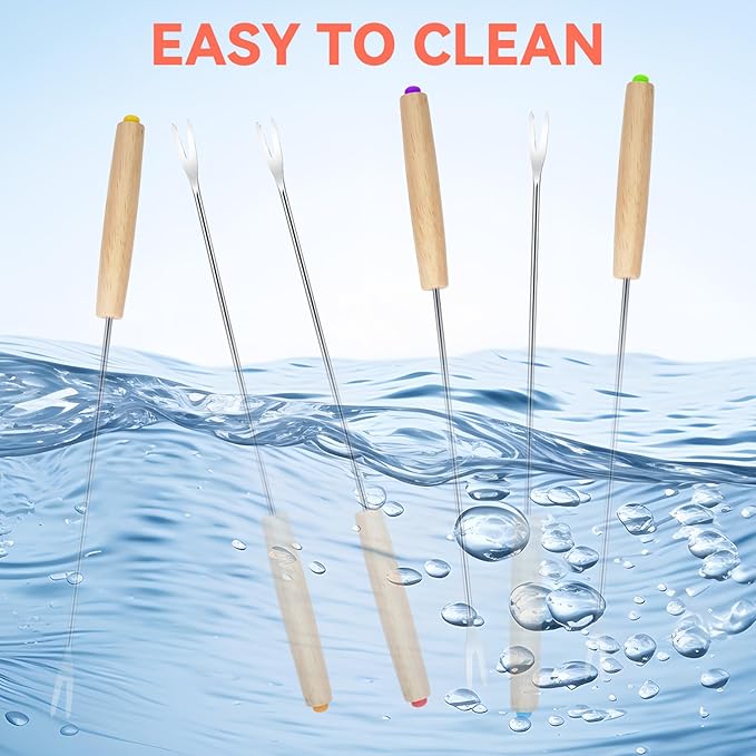 6Pcs 9.5'' Stainless Steel Fondue Forks Cheese Fondue Sticks with Color-Coding Heat-Resistant Wooden Handles, Ideal for Chocolate Fountain, Roasting Marshmallows, Grilling Meat, Desserts & Barbecue