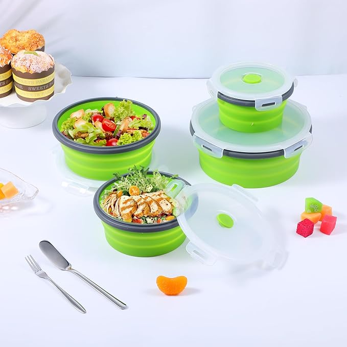 4 Pieces Collapsible Bowls for Camping, Foldable Silicone Collapsible Bowls with Lids, BPA-Free Microwave/Freezer/Dishwasher Safe Bowl, Green (12oz/16.9oz/27oz/40oz)