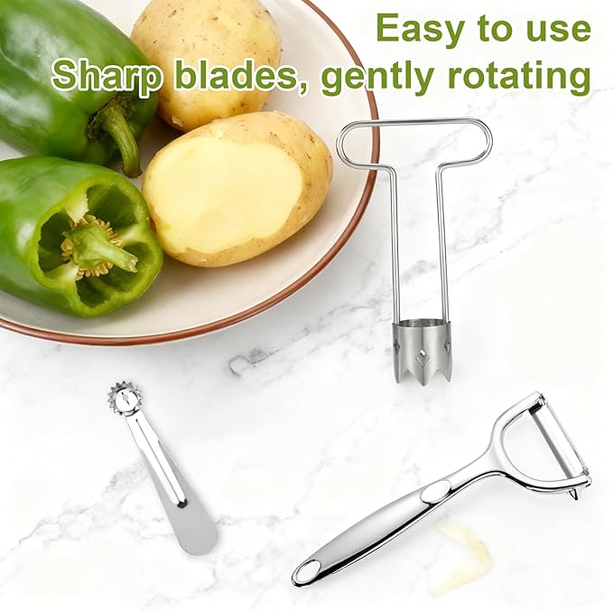 Red Bell Pepper Corer, Multi-Function Fruit & Vegetable Stem Remover Tool and Peeler Stainless Steel Top Kitchen Cooking Gadget for Tomato Carrot Apple Pear Pineapple