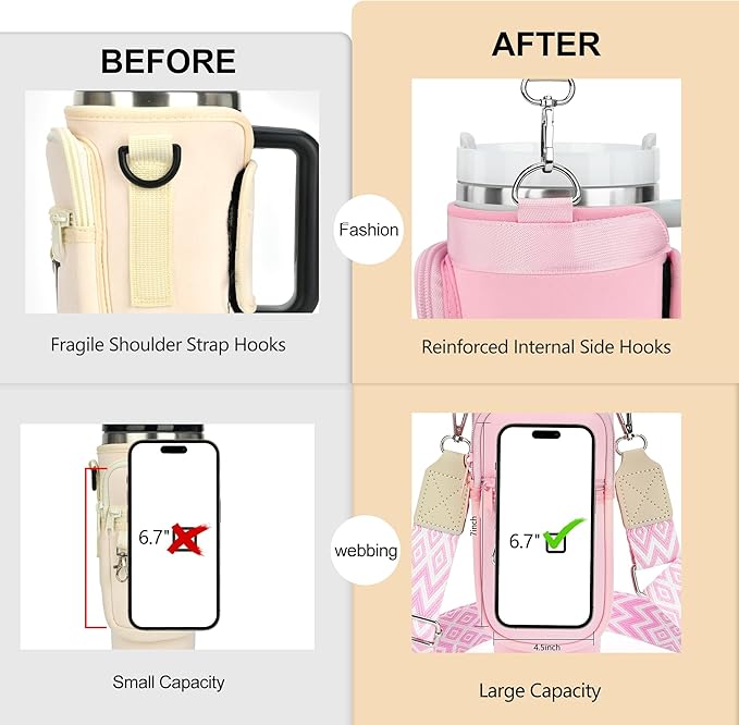LOKASS Personalized Water Bottle Holder with Strap for Stanley Cup Accessories 40 oz Tumbler, Initial Water Bottle Carrier Bag/Phone Pocket, Mother's Day/Birthday Gifts for Women/Girls