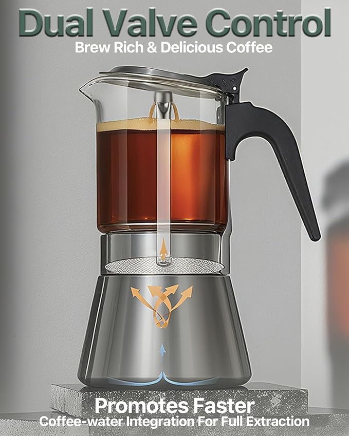 Grasseed Crystal Glass-Top Moka Pot, Brushed Stainless Steel Stovetop Espresso Maker for Italian Coffee - 4 Cup/160ml/5.6oz