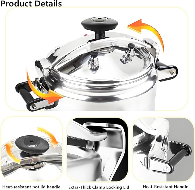 kilogorge 26 Quart Clamp On Pressure Cooker,Heavy-Duty Aluminum Pressure Cooker with Safety Bar Locking Lock, 2 ValvesrFast Cooking,for All Stovetops (Induction Compatible), for Family or Commercial