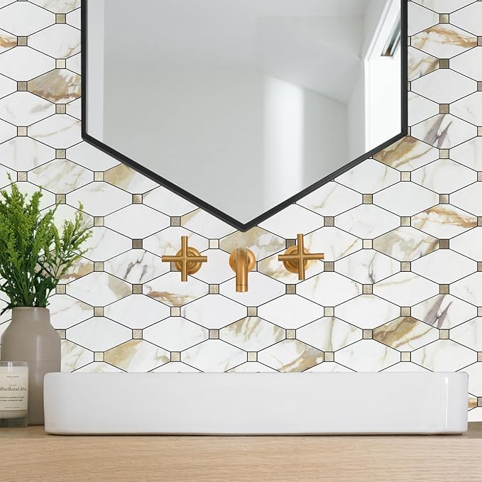 STICKGOO 10 Sheets Peel and Stick Backsplash, Calacatta Golden Stick on Aluminum Composite Tiles Stikers, Self Adhesive Mixed Metal Backsplash for Kitchen, Bathroom, Fireplace, RV