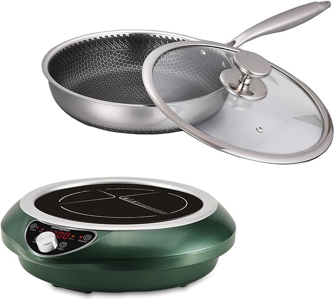 Abangdun Induction Cooktop with Skillets1800W 120V Burner Cooker Nonstick Flat Pan Electric Stove Hot Plate Heat Evenly Fry Pan for Steak