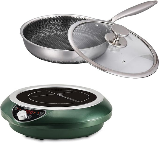 Abangdun Induction Cooktop with Skillets1800W 120V Burner Cooker Nonstick Flat Pan Electric Stove Hot Plate Heat Evenly Fry Pan for Steak