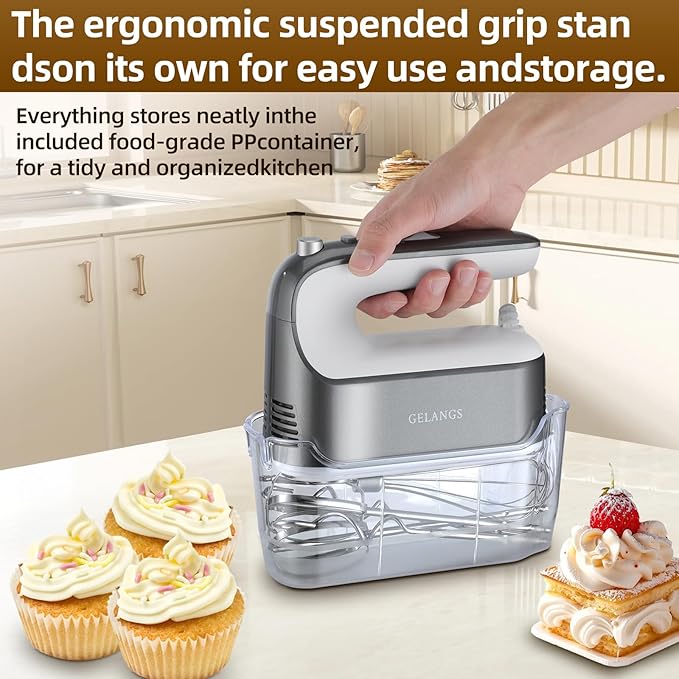 GELANGS-400W Hand Mixer with Turbo Boost - 5-Speed, One-Touch Release, Copper Motor - 3 Dishwasher-Safe Attachments - 110V Heavy Duty Mixer for Baking, Whipping & Dough
