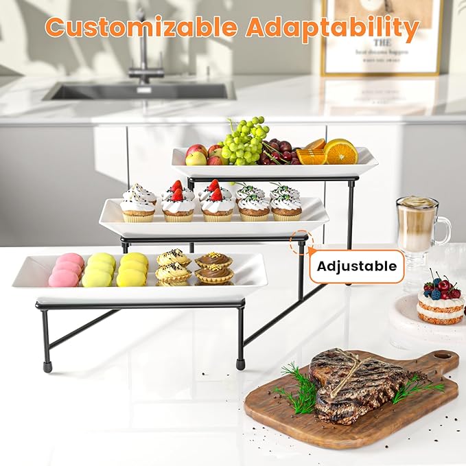 3 Tier Servings Tray for Party, 12"x6" Tiered Serving Platters with Steel Display Stand for Sevring Food,Cookies,Veggie, Dessert,Fruit, Black