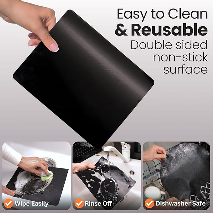 Buself Toaster Oven Liner – Compatible with Breville, Cuisinart, Black & Decker, Dash, and More – Nonstick Heat Resistant Reusable Air Fryer Liners, PFOA & BPA Free, 9x11", 4 Pack, Black