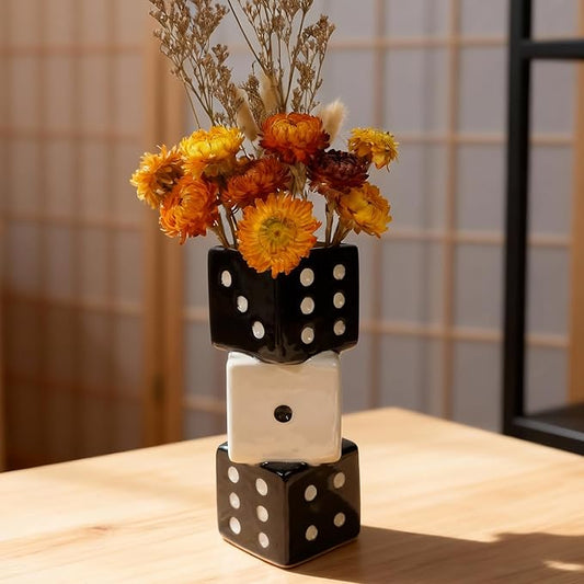 Triple Dice Ceramic Vase – Elegant Black & White Decorative Vase for Home & Bar, Perfect for Flowers | Unique Centerpiece for Dining Table, Coffee Table & Entryway | Stylish Decor for Kitchen