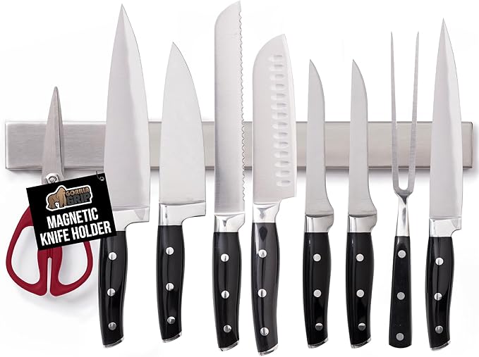 GORILLA GRIP Stainless Steel Magnetic Knife Holder for Wall, 16 in, Magnet Bar for Knives, Tools, Supplies, Heavy Duty Metal Strip Holds Up to 6 lb, Kitchen Organizer, Non-Adhesive, Drilling Required