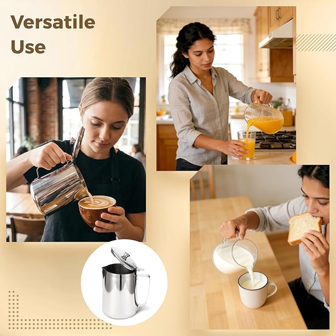 Stainless Steel Pitcher with Lid, 67 oz/2000 ml Large Capacity 304 Stainless Steel Water Pitcher with Scales, V Spout Latte Art Pitcher for Espresso Machines, Latte Art, Iced Tea, Hot Water