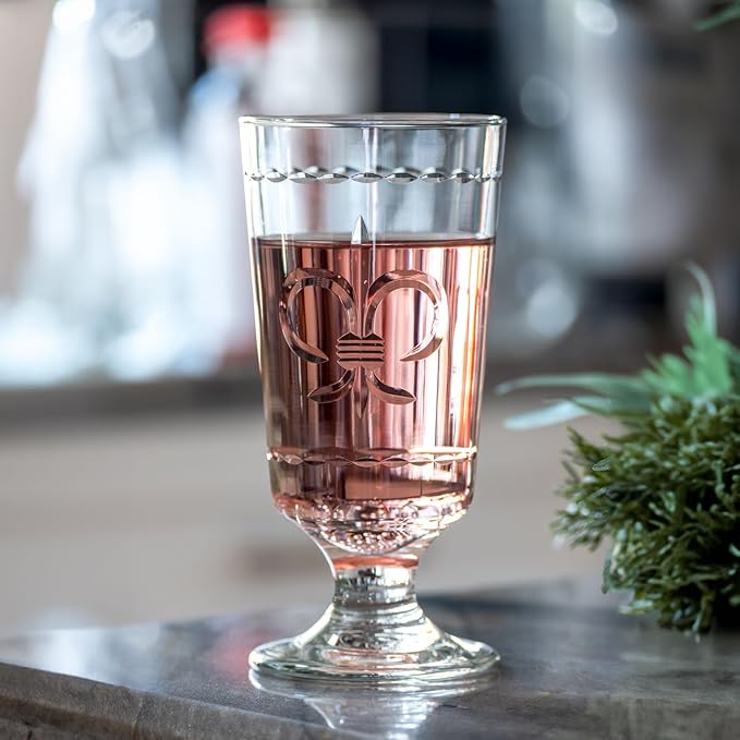 Rolf Glass Fleur De Lis Footed Highball Glass | Set of 4 10oz Footed Cocktail Highball Tumbler | Lead-Free Diamond-Wheel Engraved Glass | Made in the USA