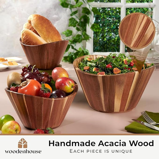 Woodenhouse Wooden Salad Bowl Set, Salad Bowls Set of 3 - Wavy Design Salad Bowl Set for Serving, Handmade, Durable and Stylish Natural Wood Dining Accessory