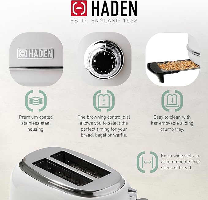 Haden Heritage 2-Slice Wide-Slot Toaster, Stainless-Steel Bread Toaster with Adjustable Browning Control, Non-Slip Feet & Crumb Tray, Ivory & Chrome