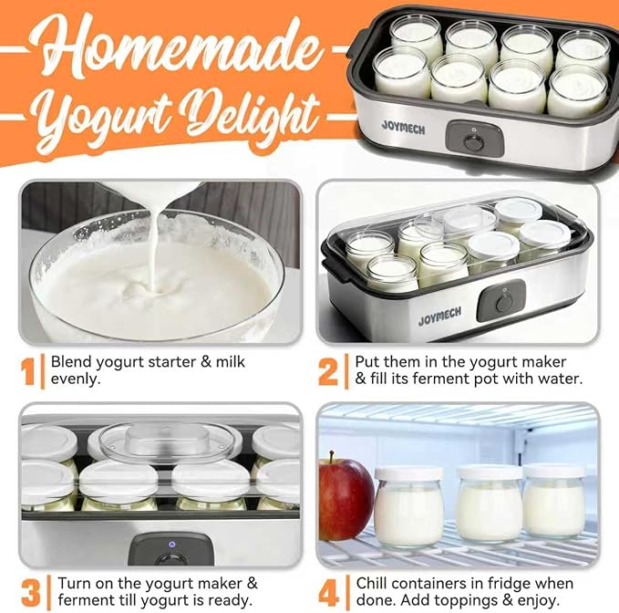 Yogurt Maker Machine, 8 Glass Jars with Lids Reusable for Yoghurt, Oatmeal, Pudding, or Jello, Food-Grade Martial, One-touch Control, Homemade Yogurt
