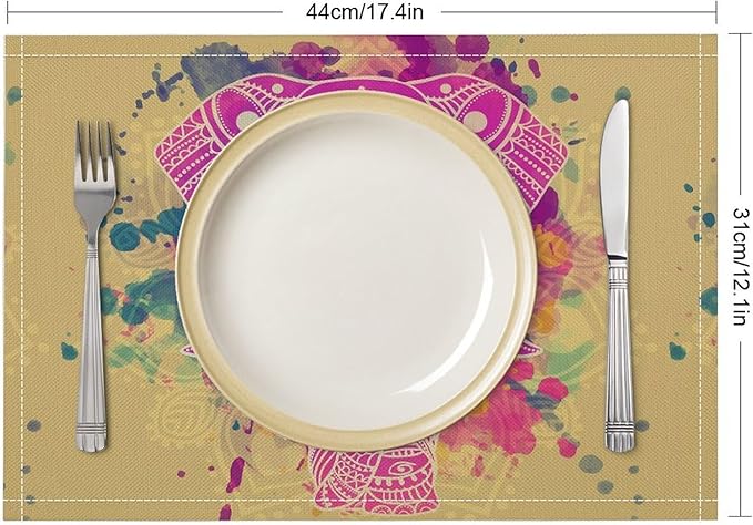 Mandala Placemats Set of 4 Boho Abstract Elephant Indian Ethnic Art Printed Dining Table Mats for Restaurant Home Kitchen Holiday Picnic Party Decor 12x18in