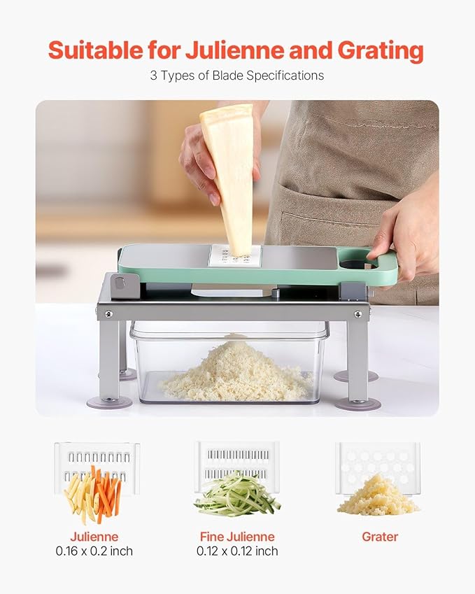 8-in-1 Mandoline Slicer & Vegetable Chopper, Includes 8 Stainless Blades for Cheese, Onion, Potato, Salad, Comes with 55.8 oz Container and Suction Cup Base