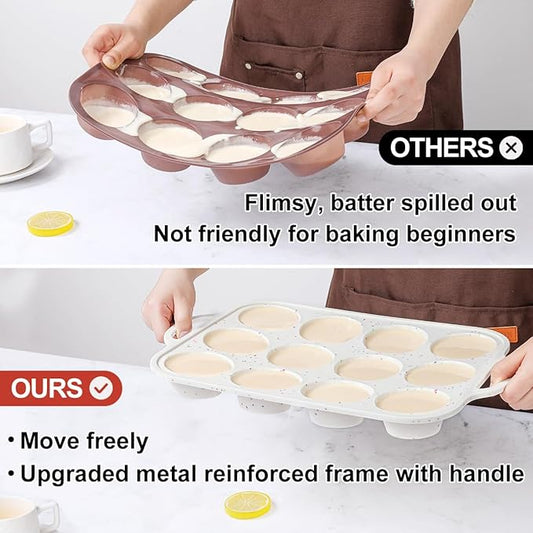 CAKETIME Silicone Muffin Pans for Baking, Metal Reinforced Frame Regular 12 Cups & Mini 24 Cups Cupcake Pan Set Nonstick Muffin Pan for Homemade Baking Easy to Handle