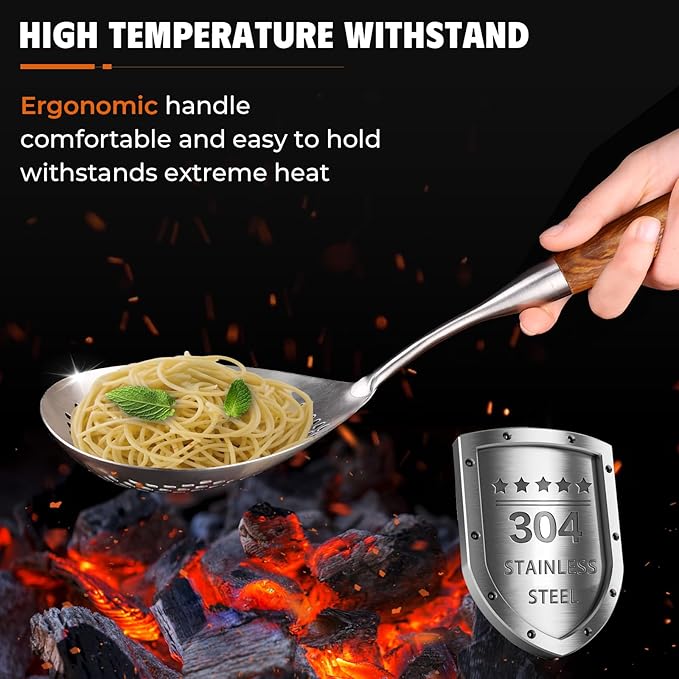 Skimmer Slotted Spoon -17in 304 Stainless Steel Pasta Spider Strainer Skimmer Ladle Spoon for Cooking and Frying - Kitchen Large Metal Scoop Colander Strainer Spoon with Heat Resistant Wooden Handle