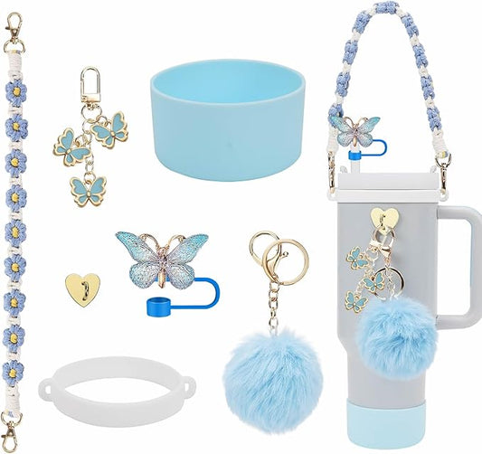 Accessories Set Including Water Bottle Handle Strap, Silicone Boot, Resin Butterfly Straw Cover, Straw Topper, Lip Balm Sleeve, Butterfly & Hairball Charms for Stanley Cup Tumbler