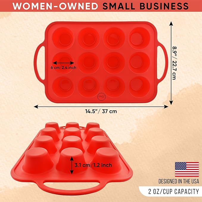 BAKE BOSS 12-Cup Silicone Mini Muffin Pans for Baking with Metal Handles – Nonstick Silicone Cupcake Molds For Baking, Eggs & Cupcakes – BPA-Free, Dishwasher Safe, Red