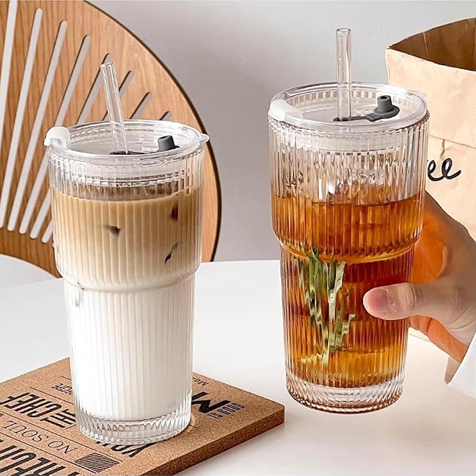 Ribbed Drinking Glasses,with Lids and Straws Glass Cup,19oz Glass cup,6 Pack Old Fashioned Glasses,Thickened for iced coffees,cocktails and juices, perfect for families and parties (6)