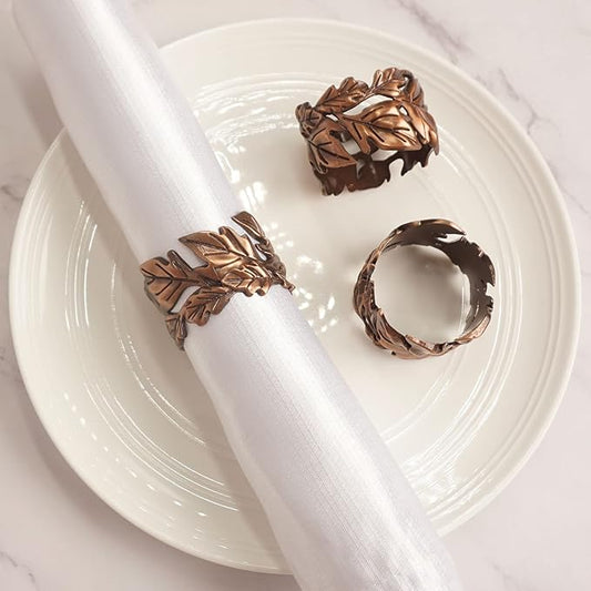 Leaf Shape Napkin Rings Set of 6, Bronze Napkin Rings Metal Napkin Ring Holders for Dinner Party, Wedding, Banquets,Thanksgiving, Holiday Table Settings